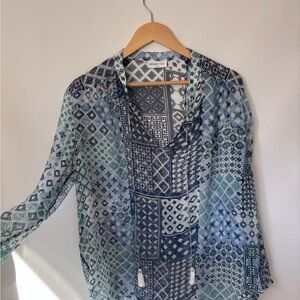 Megan Park Blue & Green Geometric V-Neck Tunic with Tassel Ties